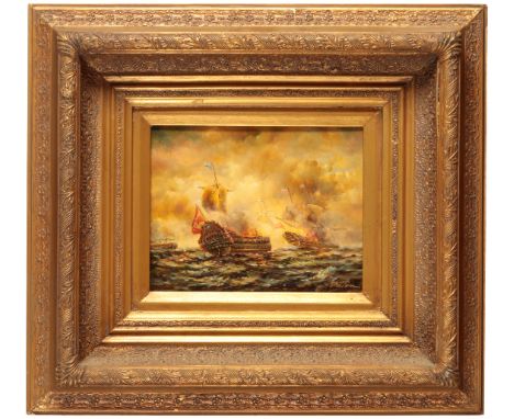 ENGLISH SCHOOL, A naval battle indistinctly signed lower right, oil on board, 19cm x 24cm; together with a similar view of a 