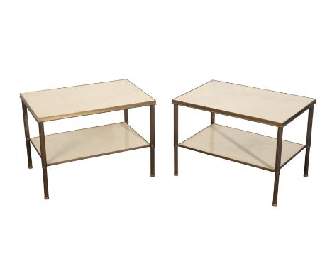 A PAIR OF BRASS ETAGERES with stone effect tiers, supported by tapering reeded legs, 46cm high x 64cm wide x 45cm deep (2)Fro