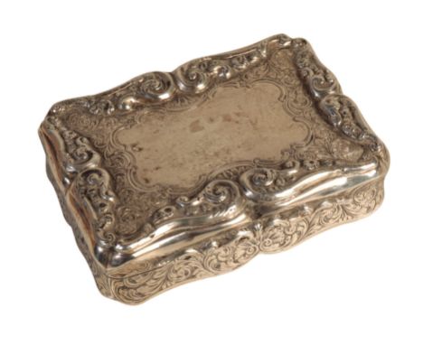 A VICTORIAN SILVER SNUFF BOX by David Pettifer, Birmingham, 1851, of rectangular form, with gilt interior, repousse work to t