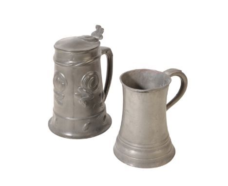 AN ART NOUVEAU LIBERTY TUDRIC PEWTER-LIDDED TANKARD 24cm high, together with another pewter tankard, stamped J. Newman Dublin