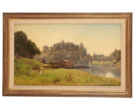 PIERRE EMMANUEL DAMOYE (1847-1916) 'River Landscape' signed lower right, oil on canvas, 32cm x 54cm Provenance: Fine Art Soci