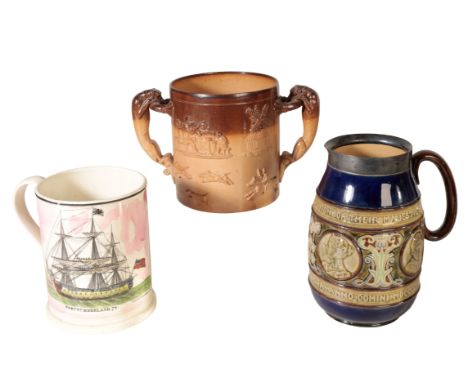 A SUNDERLAND POTTERY CREAMWARE MUG probably by Dixon & Co, with a typical frog to the interior, 15cm high; together with a Do