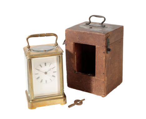 A FRENCH REPEATING CARRIAGE CLOCK, the white enamel dial with Roman numerals, the backplate stamped "Japy Freres Exposition 1