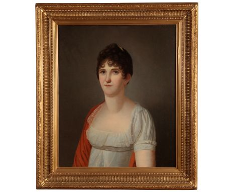 ENGLISH SCHOOL, 19th century A bust-length portrait of a lady depicted against a plain grey background, oil on canvas, 62cm x