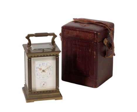 A VICTORIAN FRENCH REPEATING CARRIAGE CLOCK, the white enamel dial with Arabic numerals and subsidiary alarm dial, the moveme