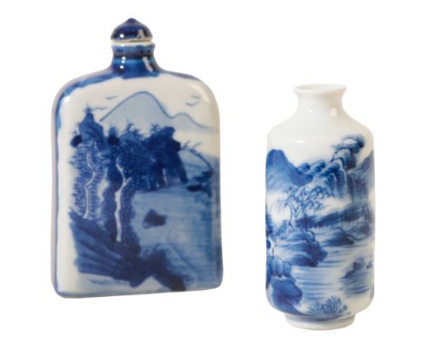 A CHINESE BLUE AND WHITE SNUFF BOTTLE in the Kangxi style, the rectangular body with rounded shoulders decorated with a lands