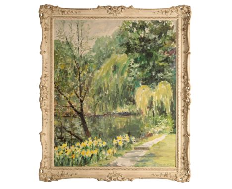 G. POTTER (20th century) River landscape with weeping willows and daffodils signed lower right, oil on board, 75cm x 62cm Fro