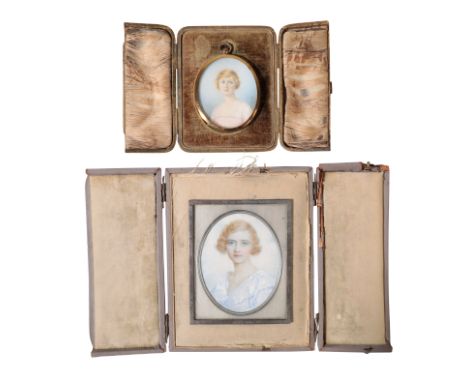 ENGLISH SCHOOL, early 20th century A portrait of a young lady, oval on ivory, in a folding case, together with one other simi