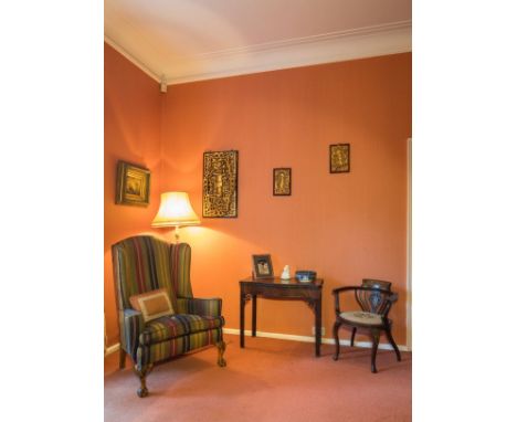 AN EDWARDIAN MAHOGANY AND MARQUETRY ARMCHAIR with an embroidered seat, 74cm high x 58cm widePurchased from David Mack Antique