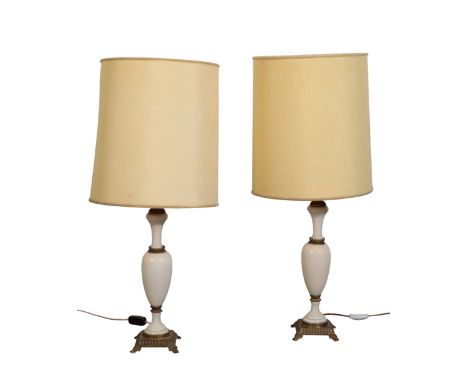 A PAIR OF GLASS AND GILT METAL MOUNTED TABLE LAMPS, each 47cm high, with cylindrical shades (2)From The Estate of John Whitwe