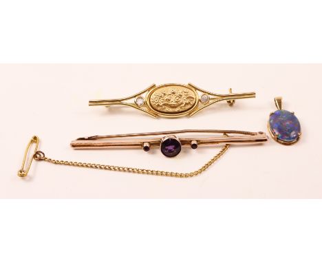 9ct rose gold three stone amethyst bar brooch hallmarked, 9ct gold  bar brooch with central flower design stamped 9k and opal