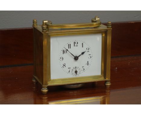 Early 20th century brass carriage alarm clock, enamel dial, W10cm   Condition Report   Click here for further images, conditi