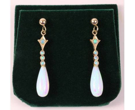 Pair of 9ct gold opal drop ear-rings stamped 375    Condition Report   Click here for further images, condition, auction time