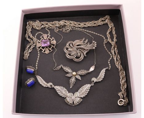 Two marcasite necklaces, silver marcasite brooch, silver Scottish amethyst brooch, lapis lazuli ear-rings and a silver chain 