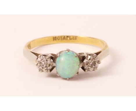 18ct gold and platinum opal and diamond three stone ring   Condition Report   Click here for further images, condition, aucti