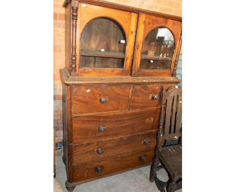 Large Victorian two over two chest of drawers, with top display cabinet with single shelf, glass arched doors, with wooden kn