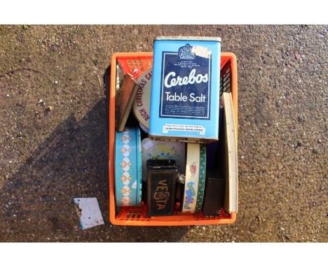 Assorted vintage tins, biscuit tins, salt, cigarette etc