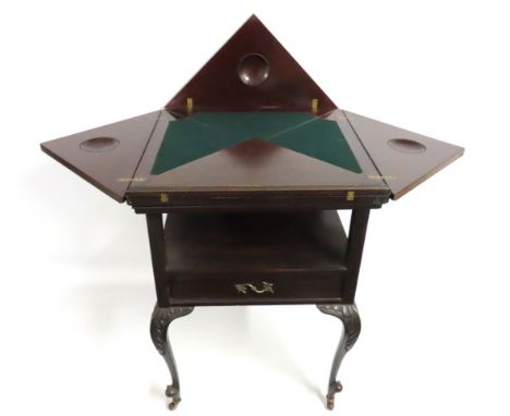 An Edwardian mahogany envelope card table with drawer under, 750mm high x 548mm square
