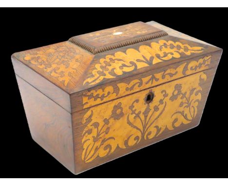 A 19thC. rosewood satinwood inlaid tea caddy of sarcophagus form, 230mm wide x 138mm high x 135mm deep