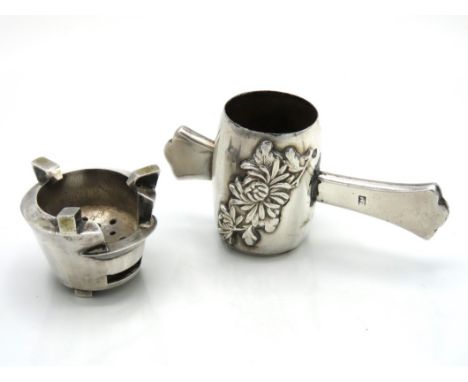 A Chinese silver pounce pot 67mm long, twinned with a miniature silver censer item, possibly for opium, marked LW, 26.7g tota