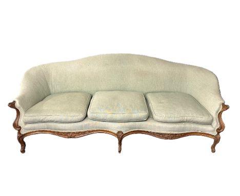 A 1920s walnut framed French serpentine fronted sofa, 2330mm wide x 950mm deep x 885mm high to back
