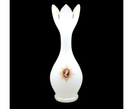 A 19thC. opaque continental Bohemian glass vase with applied gilded decor &amp; a hand painted porcelain portrait plaque, 285