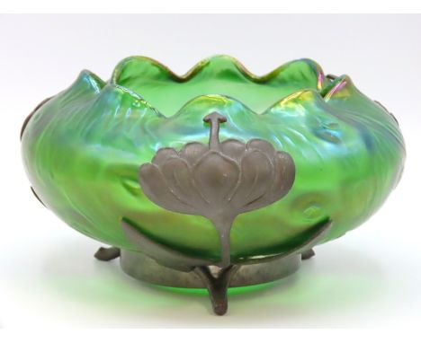 An art nouveau Loetz glass bowl with pewter mounting, 170mm diameter x 95mm high