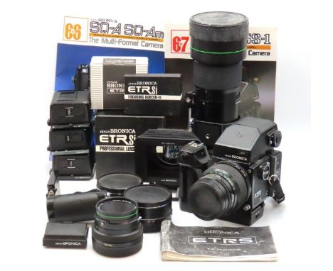 A Zenza Bronica ETRS medium format 120 film camera with accessories including a Zenzanon 500mm lens, a Zenzanon 75mm lens, tw