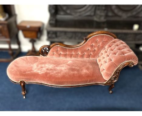 An upholstered Victorian button back chaise longue, 1830mm wide x 850mm at highest