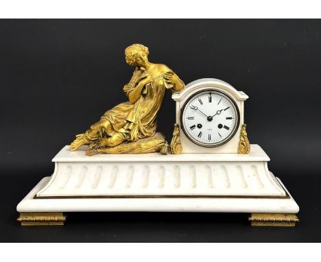 A 19thC. figurative French gilt bronze & white marble mantle clock by A. Rollin, Paris, with pendulum & key, 487mm wide x 168