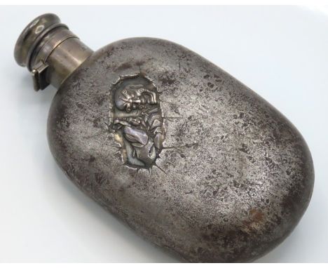 A rare Gorham Silver Co. sterling silver & iron hip flask with very unusual Chinoserie decor featuring blossom & moth to one 