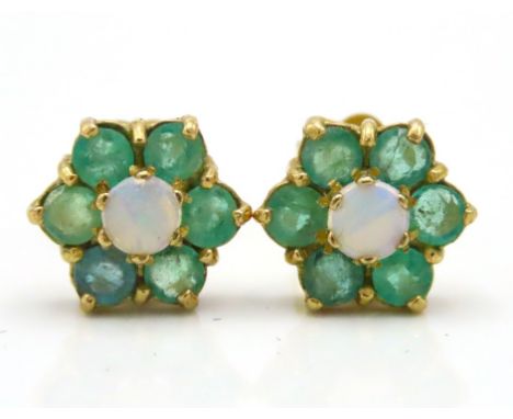 A pair of 9ct gold emerald & opal earrings, 11mm diameter, 2.6g
