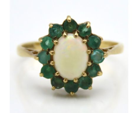 A 9ct gold ring set with emerald & opal, ring head 13.75mm at widest, 2g, size O