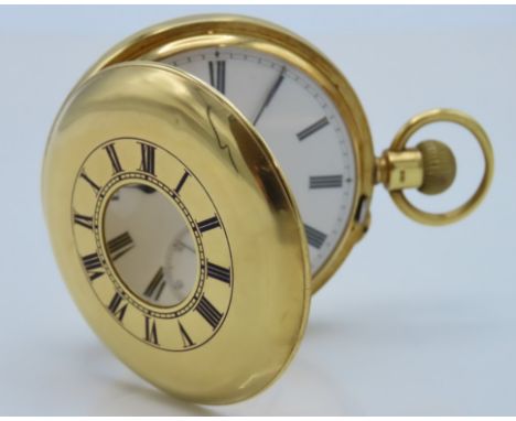 An antique 18ct gold top wind half hunter pocket watch, runs when wound, case 50mm diameter, small hairline to enamel on dial