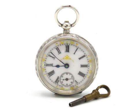 A ladies Swiss silver pocket watch with chased decor &amp; applied gold decoration to enamel dial, case 40mm diameter, winds 