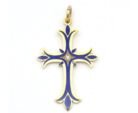 An antique yellow metal Gothic cross with enamelled decor & set with small old cut diamond, fault to enamel on one of the fou