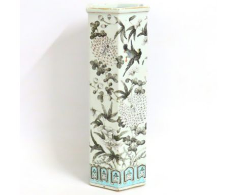 A 19thC. Chinese hexagonal porcelain stick stand decorated with birds &amp; chrysanthemums, 425mm tall x 145mm diameter