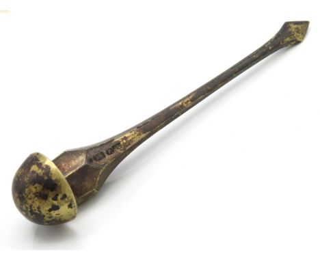 A 19thC. Chinese Qing Dynasty silver gilt hairpin with chased decor, 168mm long, 33g