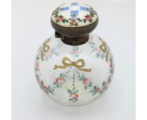 A 1917 John Grinsell & Sons Birmingham silver & enamel topped scent bottle with similar decor to glass, 97mm tall x 78.5mm wi