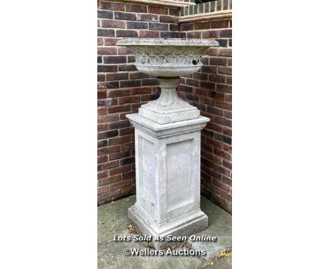 LARGE STONE PLANTER WITH CELTIC STYLE MID-SECTION AND DECORATIVE ROLL TOP EDGING, ON PLINTH, 160CM (H) / ITEM LOCATION: LINGF