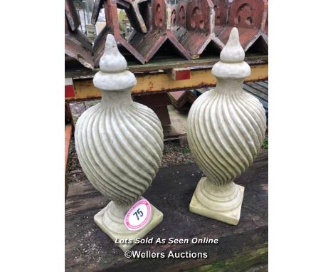 PAIR OF SPIRAL STONE WALL FINIALS, 60CM (H) / ITEM LOCATION: HP22, FULL ADDRESS WILL BE GIVEN TO SUCCESSFUL BIDDER