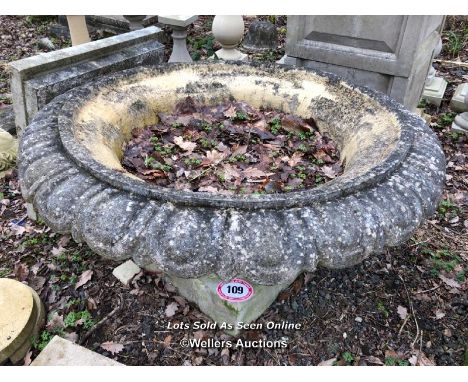 *LARGE VICTORIAN STYLE DECORATIVE PLANTER, WITH FINELY CARVED ROLL TOP EDGING, 62CM (H) X 110CM (DI), DISMANTLES INTO 2X PART