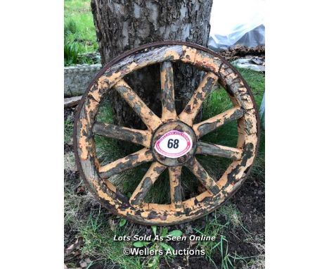 RAILWAY CART WHEEL WITH WOODEN SPOKE &amp; IRON OUTER RING, 81CM (DI) / ITEM LOCATION: KT14, FULL ADDRESS WILL BE GIVEN TO SU