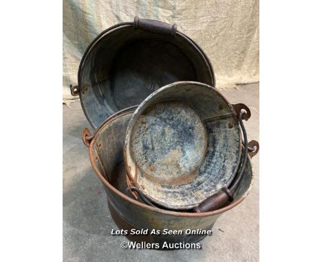 *X3 GALVANISED MILK BUCKETS - LARGEST 18CM H X 35CM W / ITEM LOCATION: GUILDFORD, GU14SJ (WELLERS AUCTIONS), COLLECTION FOR T
