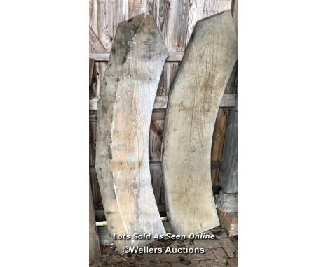 *2X CURVED OAK SLABS, IDEAL FOR BAR OR BENCHTOP, 190CM (L) X 42CM (D) X 3CM THICK / ITEM LOCATION: GU8, FULL ADDRESS WILL BE 