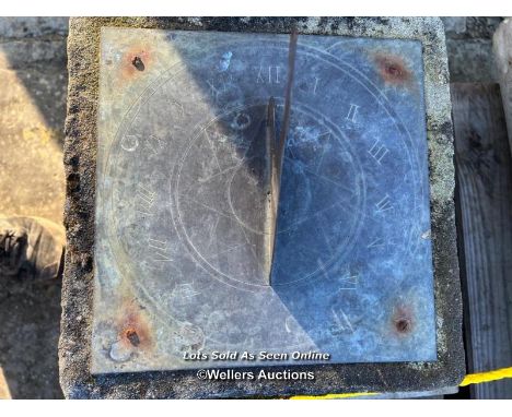 CLASSICAL SUNDIAL WITH ROMAN NUMERALS ON PLINTH, CRACKED (SEE IMAGE), PLINTH 74CM (H), DIAL 30CM X 30CM / ITEM LOCATION: LING