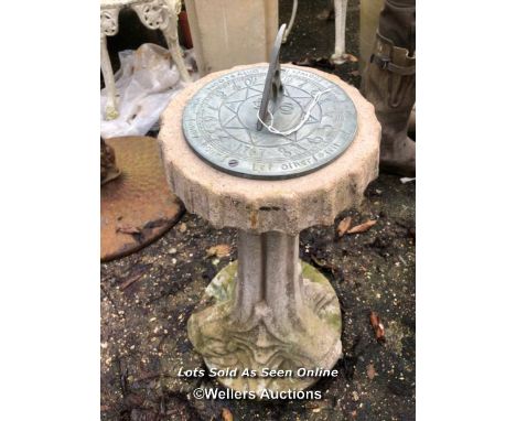 *RECONSTITUTED STONE SUNDIAL WITH DOLPHIN FEATURE BASE, 60CM (H), BASE 40CM (DIA) / ITEM LOCATION: GU34, FULL ADDRESS WILL BE