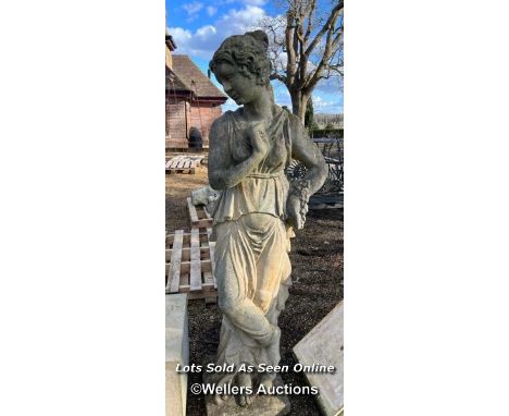 TALL STONE STATUE OF CLASSICAL LADY ON PLINTH, 216CM (H) / ITEM LOCATION: LINGFIELD (RH7), FULL ADDRESS WILL BE GIVEN TO SUCC