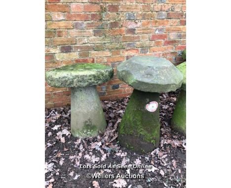 *PAIR OF OLD STADDLE STONES, 80CM (H) / ITEM LOCATION: GU8, FULL ADDRESS WILL BE GIVEN TO SUCCESSFUL BIDDER
