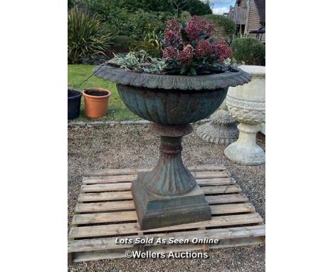 PAIR OF LARGE VICTORIAN STYLE CAST IRON PLANTERS, WITH DECORATIVE ROLL TOP EDGING, ON PLINTH, 150CM (H) / ITEM LOCATION: LING